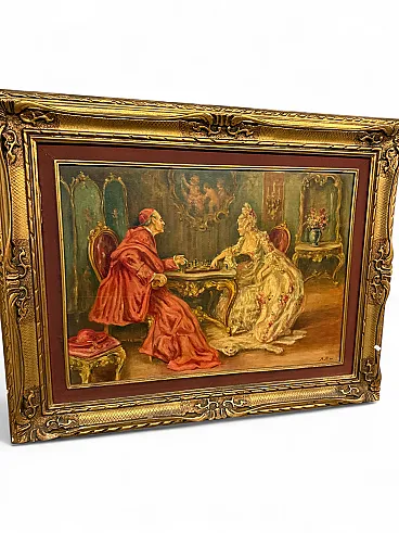 Oil painting on canvas Cardinal and Lady playing chess, Mironi, 1950