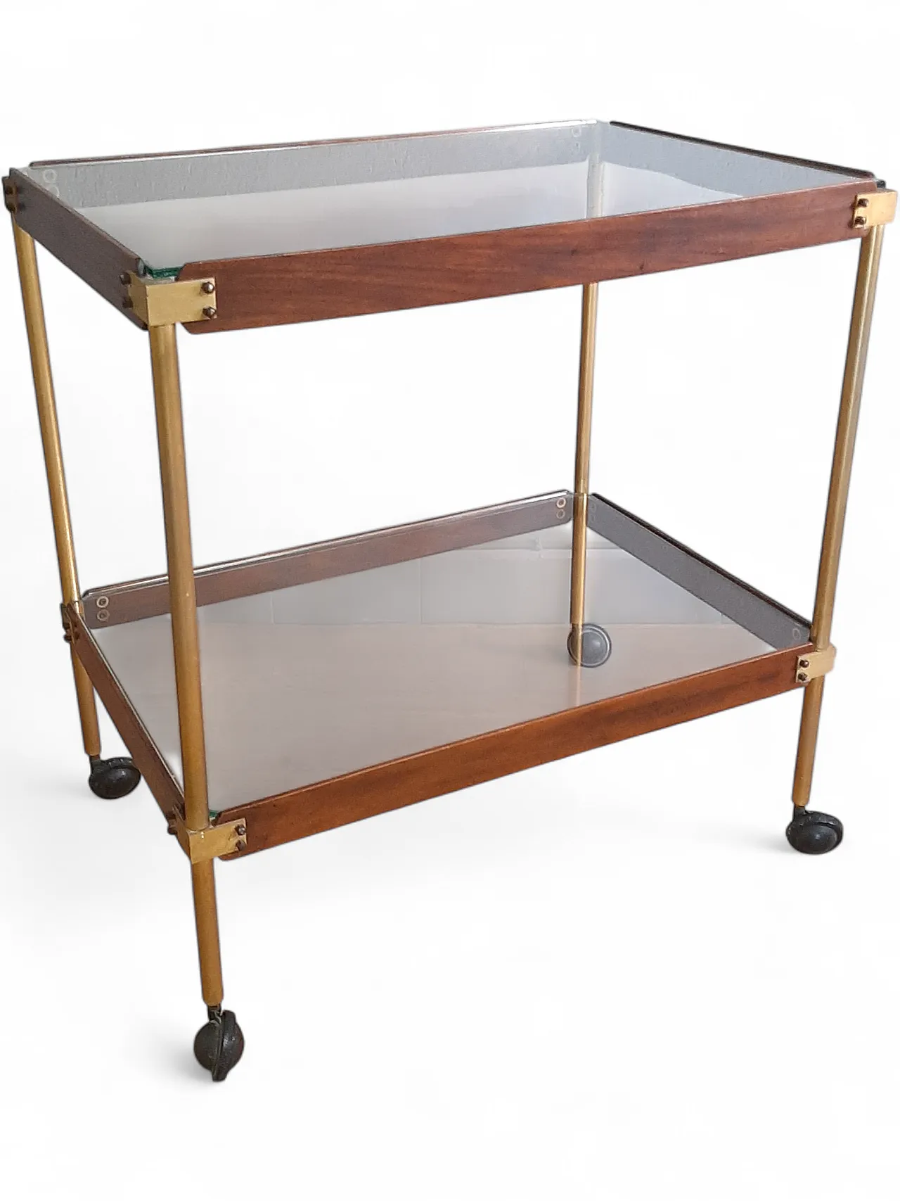 Wood And Brass Bar Trolley With Double Glass Shelf, 70s 10