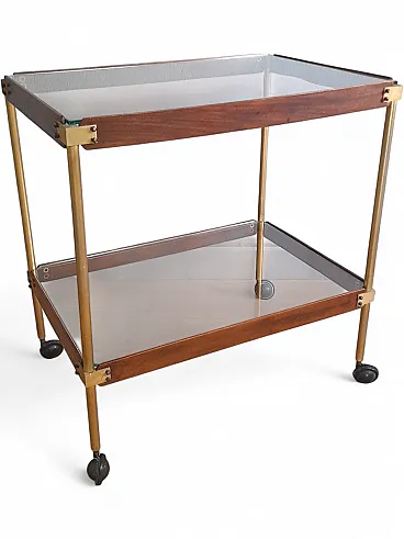 Wood And Brass Bar Trolley With Double Glass Shelf, 70s