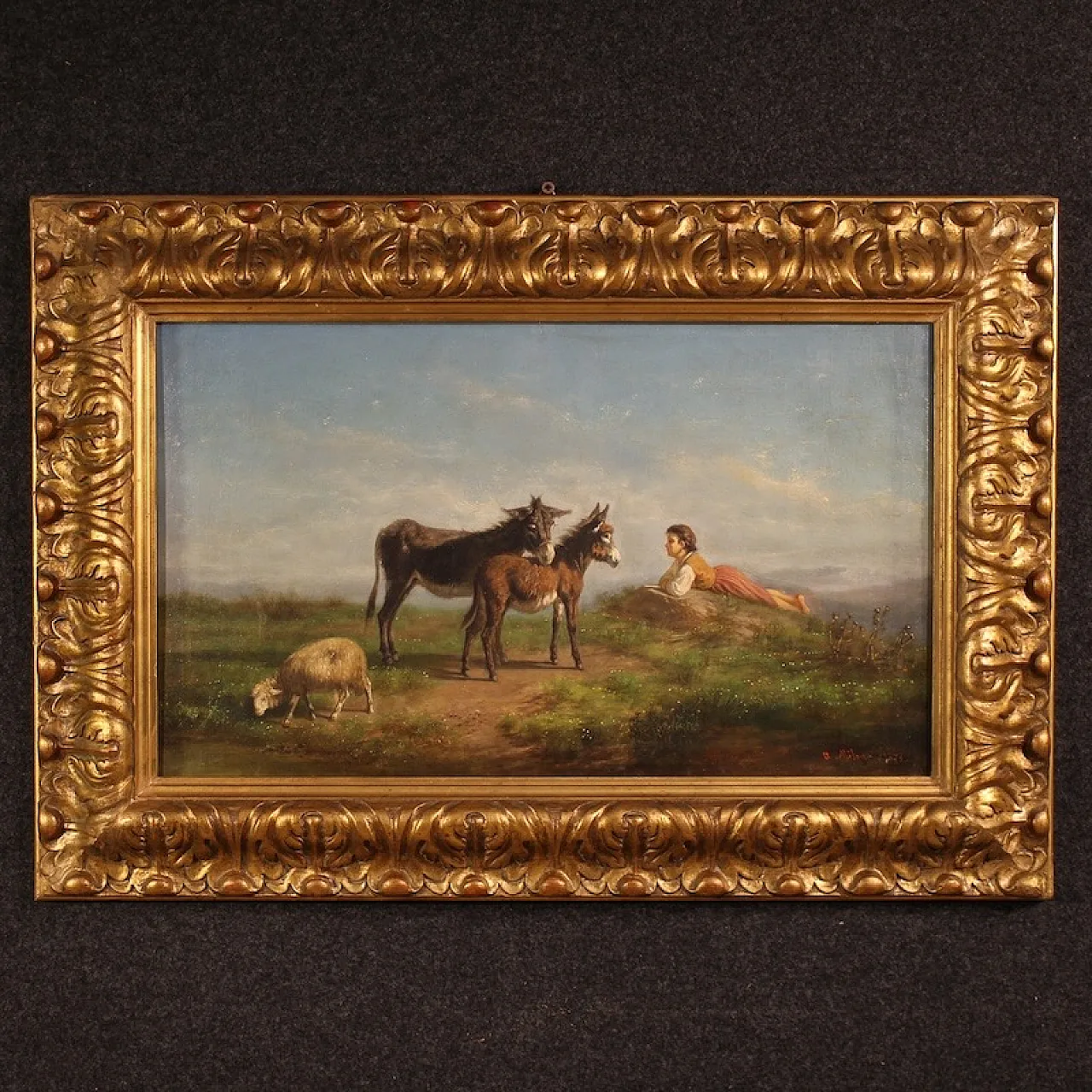 Signed Italian bucolic landscape painting, 19th century 1