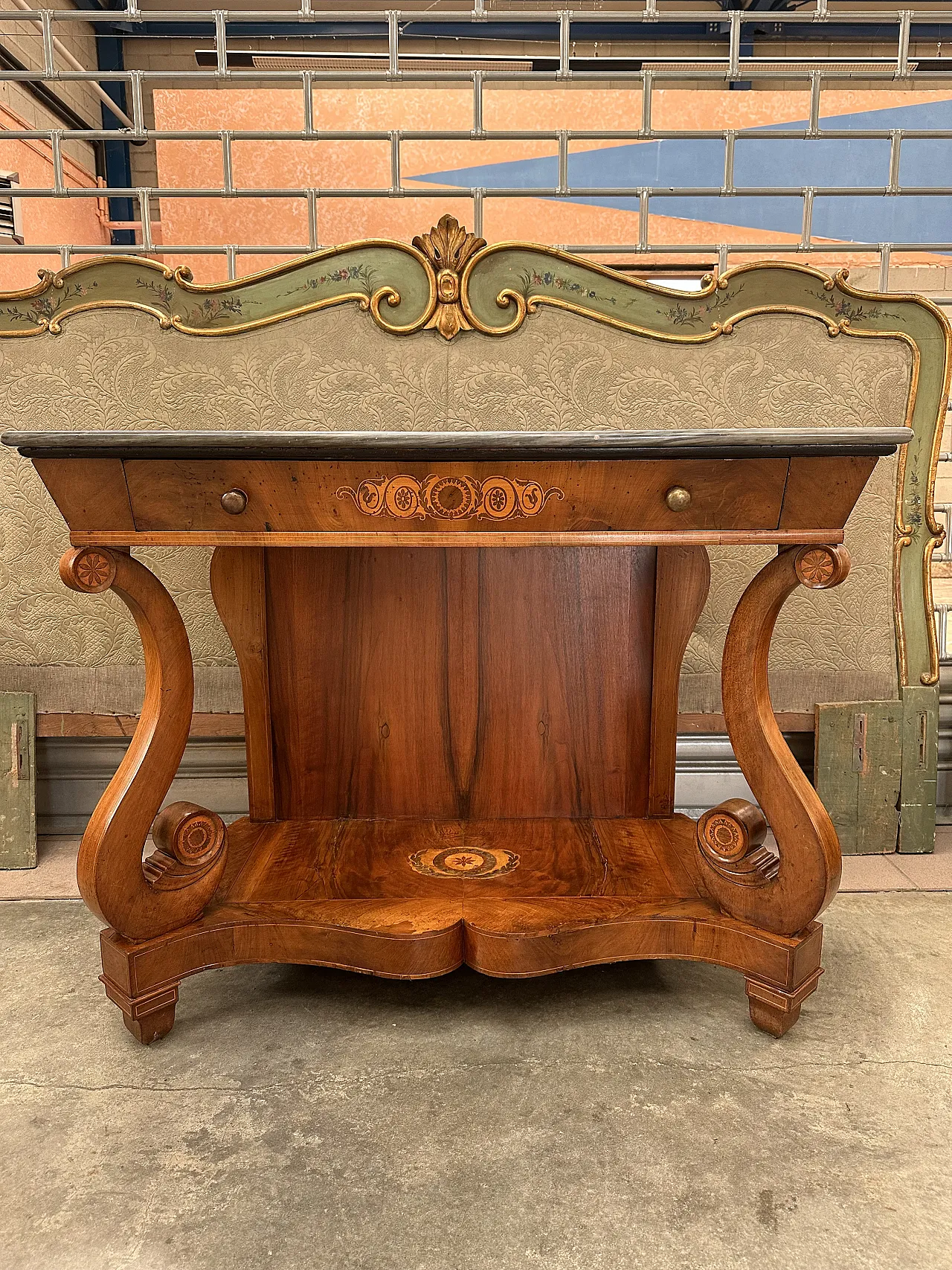Carlo X console walnut, maple bronze inlays, Piedmont, early 19th c. 2