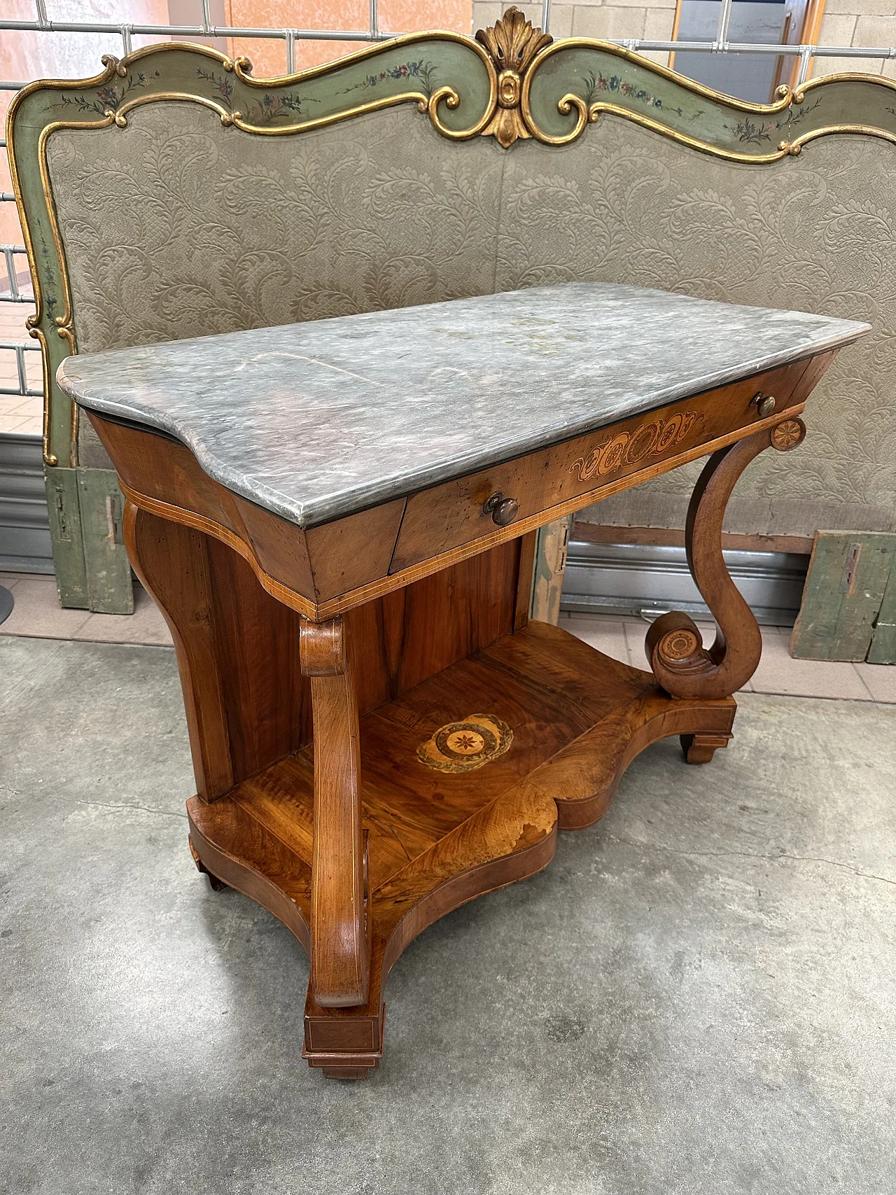 Carlo X console walnut, maple bronze inlays, Piedmont, early 19th c. 3