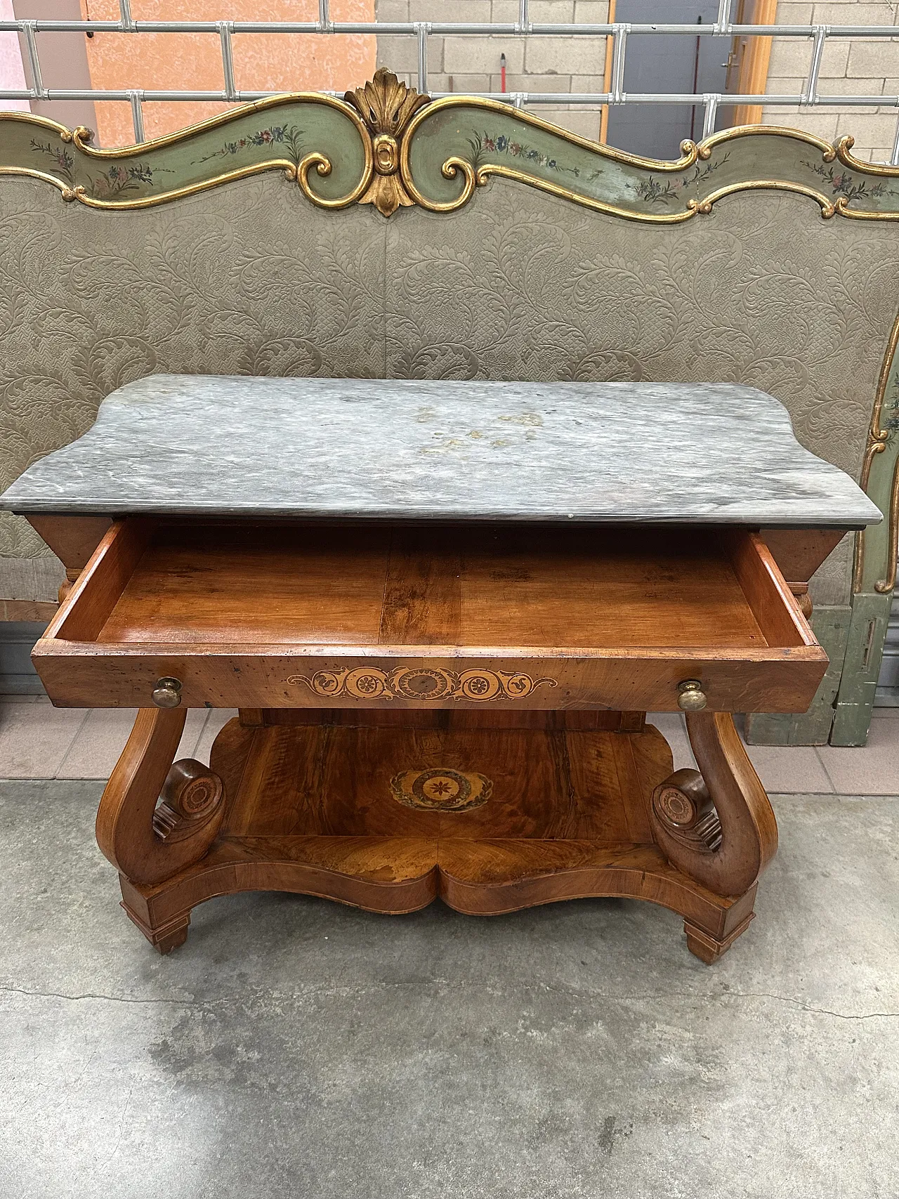 Carlo X console walnut, maple bronze inlays, Piedmont, early 19th c. 14