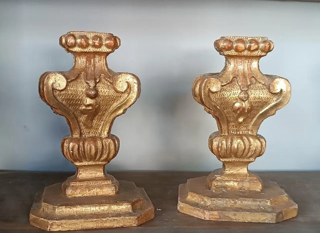 Pair of carved and gilded wooden candlesticks, 19th century 1