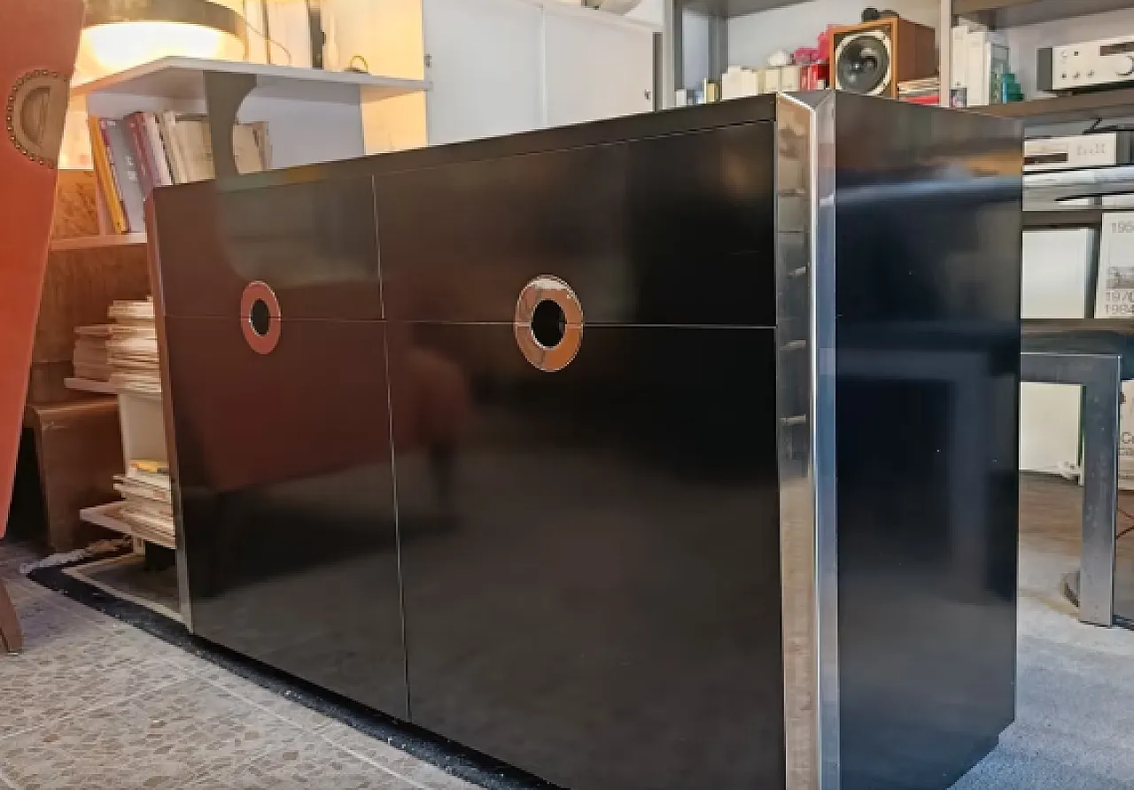 Black sideboard with steel inserts by Willy Rizzo, 20th century 1