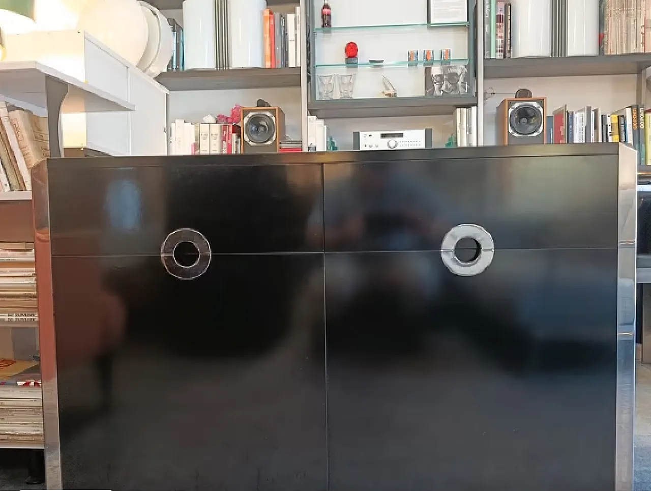 Black sideboard with steel inserts by Willy Rizzo, 20th century 2