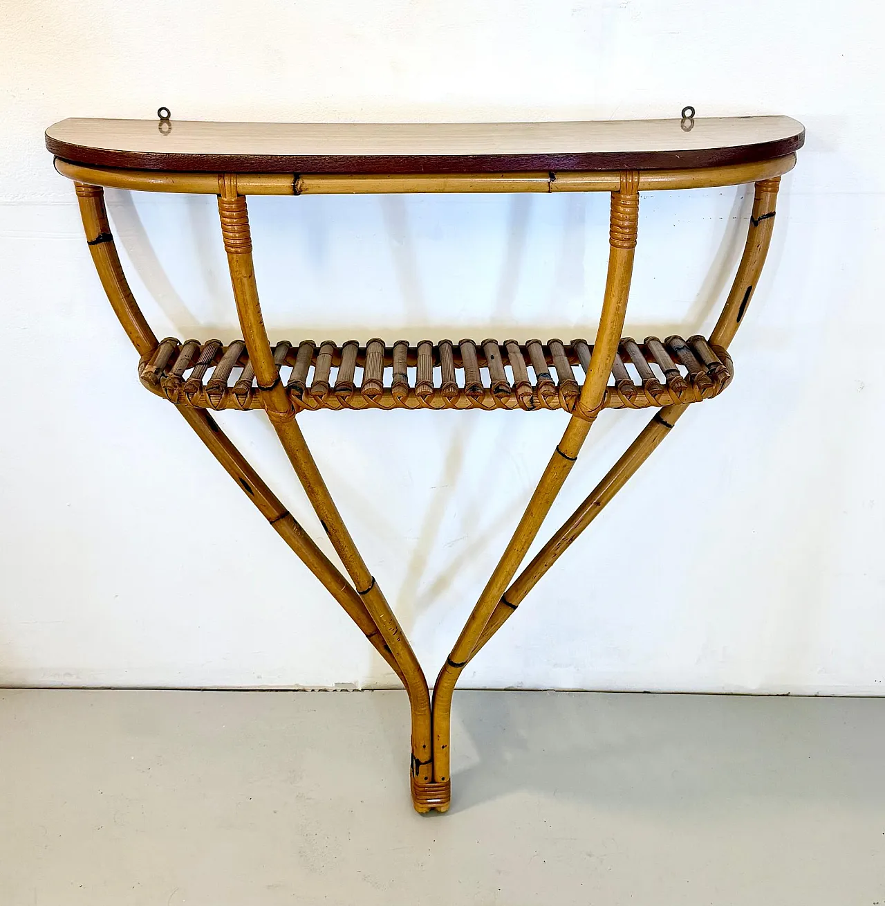 Half-moon console in bamboo and formica with lower shelf, Italy 3