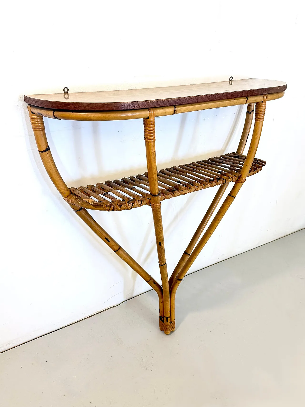 Half-moon console in bamboo and formica with lower shelf, Italy 4