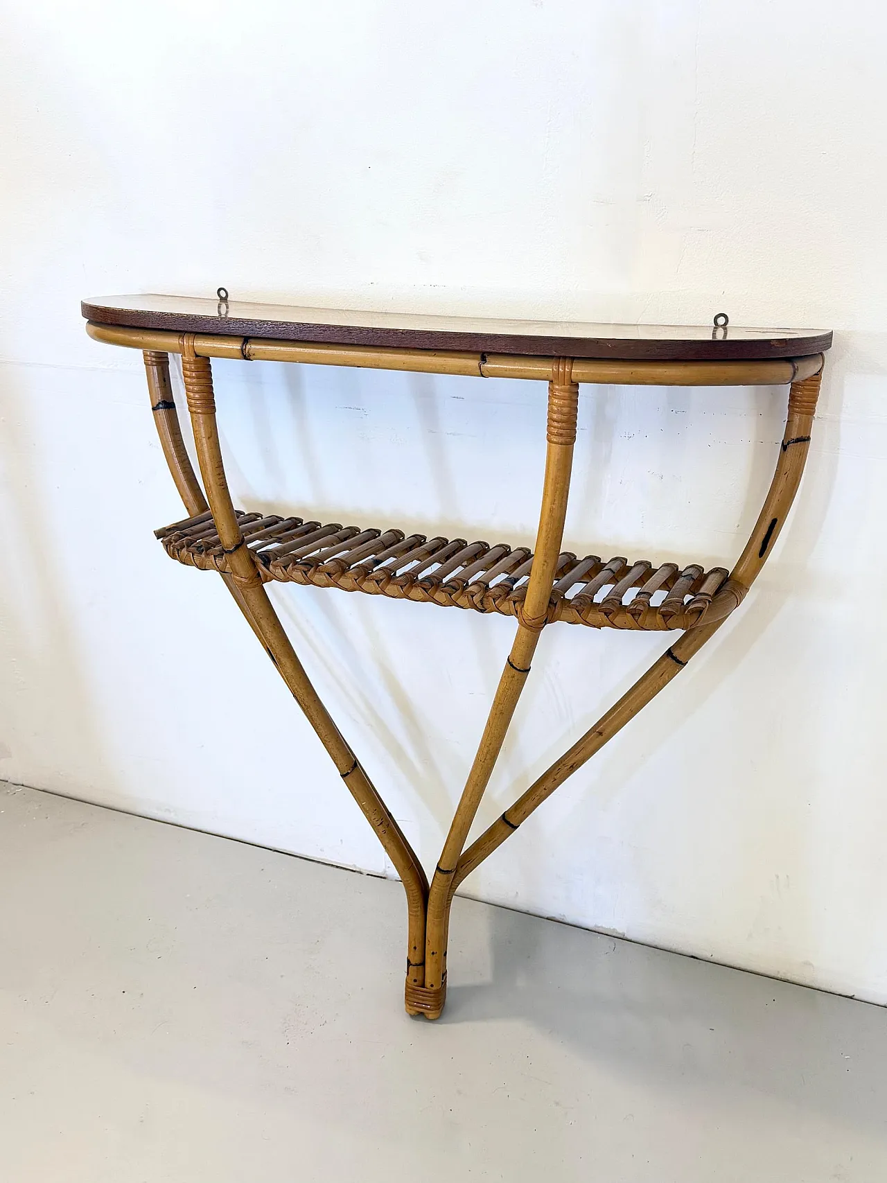 Half-moon console in bamboo and formica with lower shelf, Italy 7
