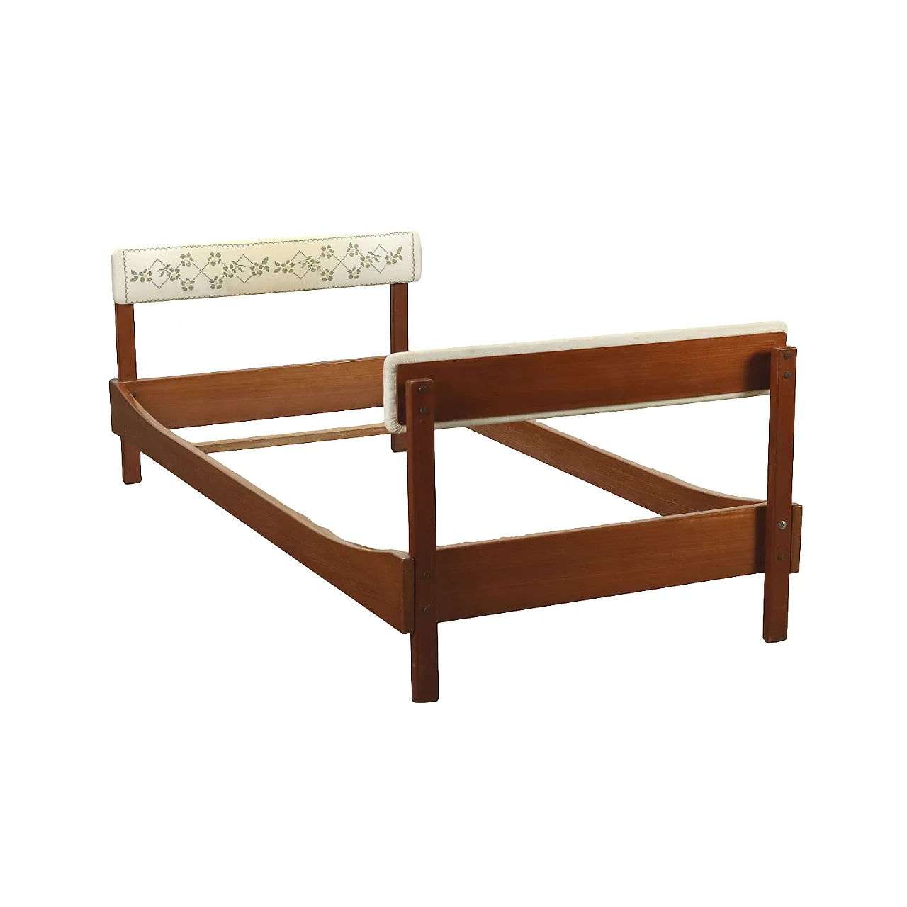 Letto singolo in teak con testiera e pediera imbottite e rivestite in tessuto, anni '60 1