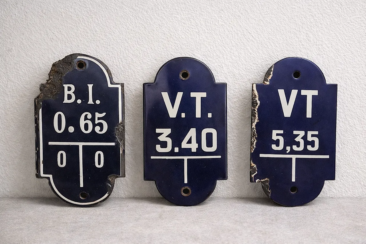3 Blue Industrial Enamel Signs Belgium, 50s 8