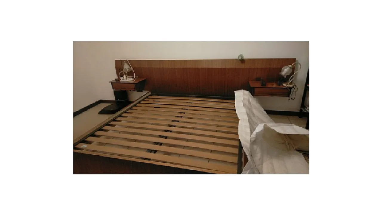 Rosewood veneered double bed frame with hanging nightstands, 1960s 9
