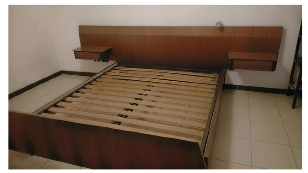 Rosewood veneered double bed frame with hanging nightstands, 1960s 12