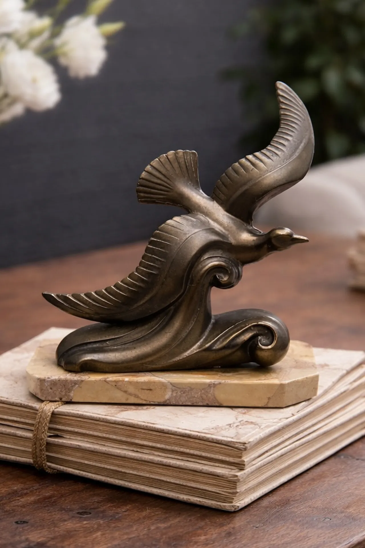 Art Deco Sculpture Bird in FlightMetal and Brecciated Marble, 50s 1