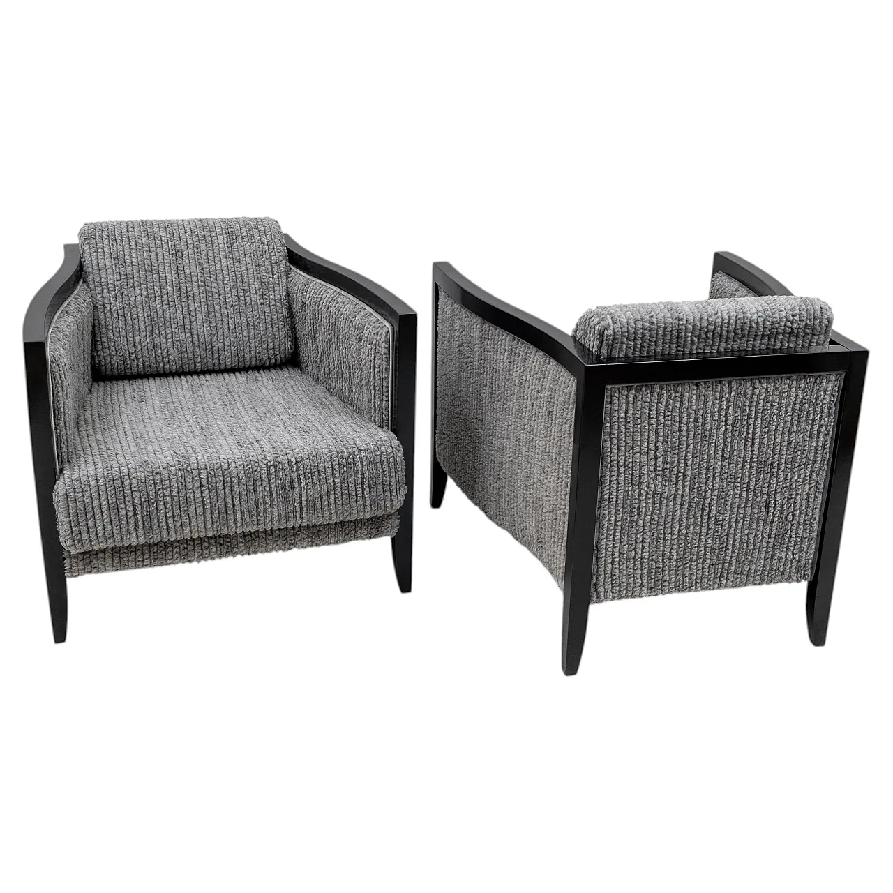 Pair of armchairs in lacquered wood and ribbed velvet, 1970s 1