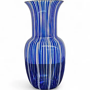 Vaso Vetro Murano a canne o filigrana, blu e vetro lattimo, anni '50