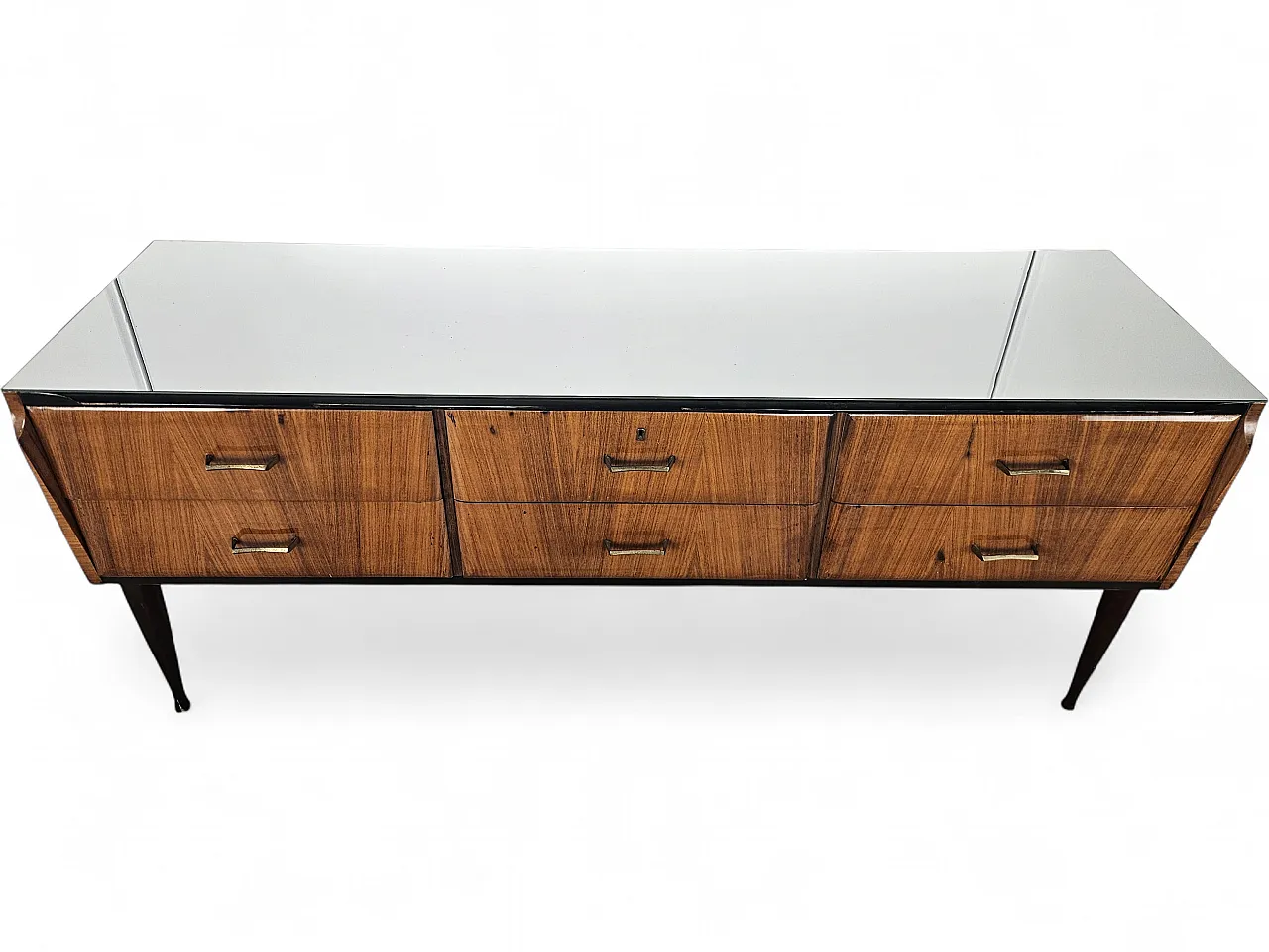 Cassettiera in radica di mogano con piano a specchio, anni '70 20