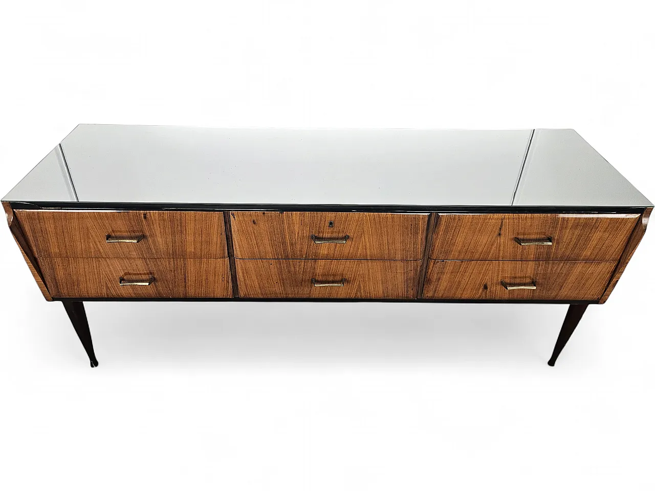 Cassettiera in radica di mogano con piano a specchio, anni '70 21