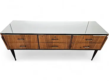 Cassettiera in radica di mogano con piano a specchio, anni '70