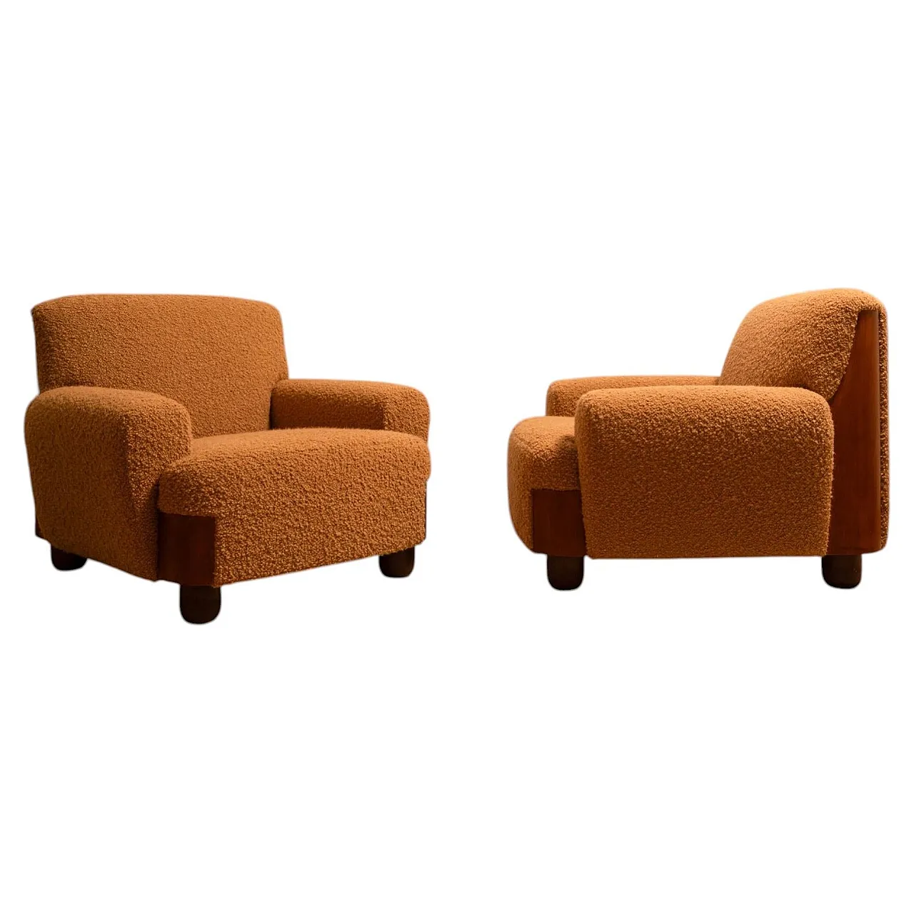 Coppia di poltrone in legno e bouclé, anni '70 1