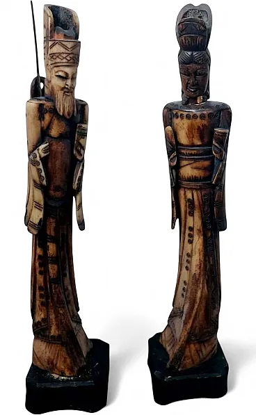 Chinese Ox Bone Figures, Jiang Taigong & Guanyin, early 20th century