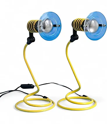 Pair of a Yellow Spiral Desk Lamps, Memphis Style, 1980s
