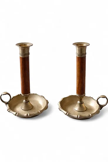Pair of Brass and Wood Candlesticks, 50s