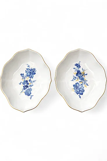 Pair Porcelain Dishes by Meissen Aquatinta Blue Floral Gold Trim, 50s