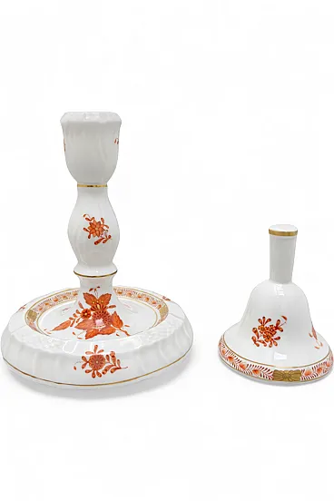 Porcelain Candlestick and Bell di Herend Apponyi Orange, 70s