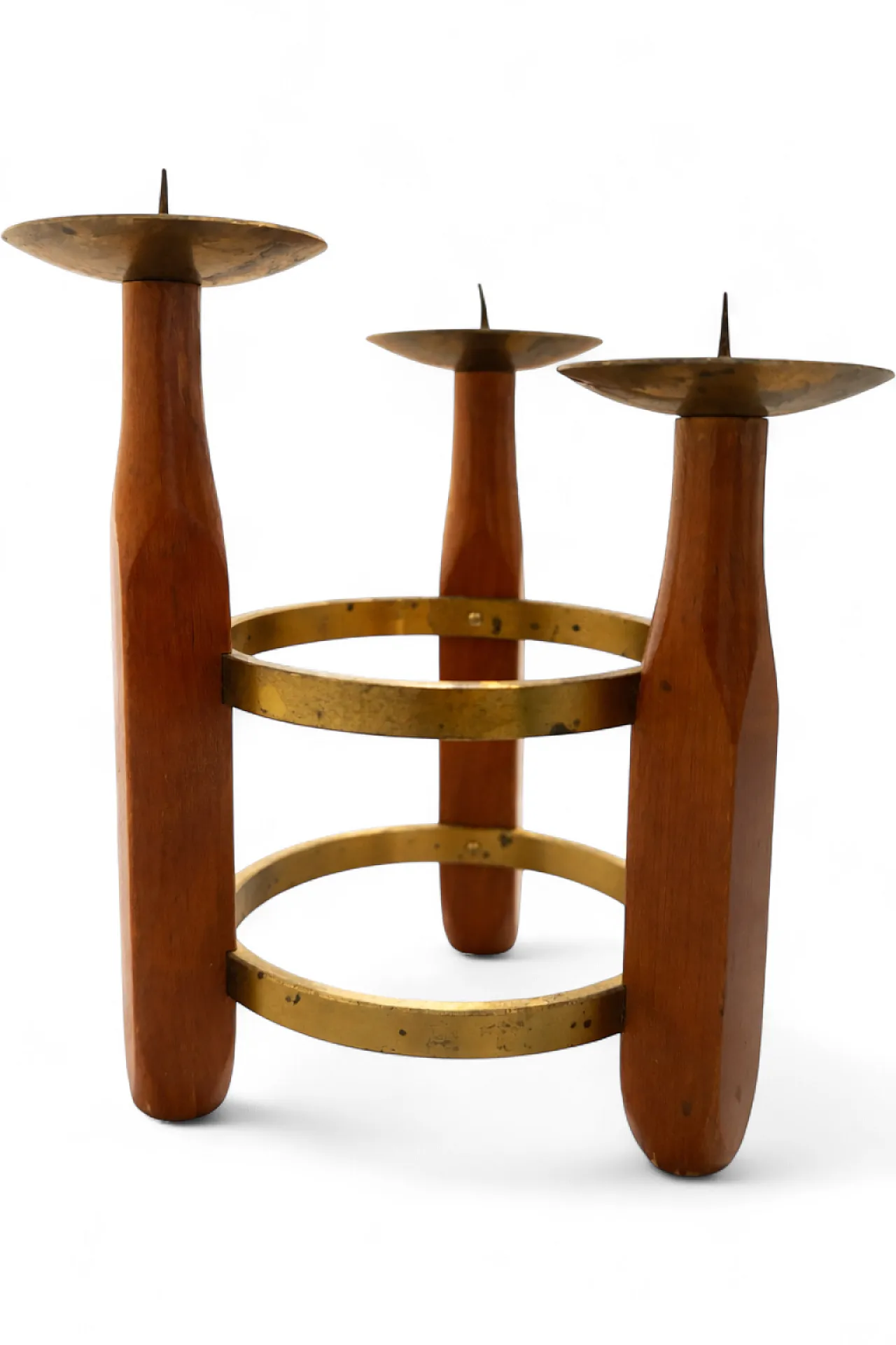 Mid-Century 3-Light Teak & Brass Candlestick, 1960s 9