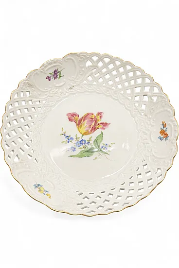 Reticulated Porcelain Bowl Hand-Painted Floral Decor by Meissen, 70s