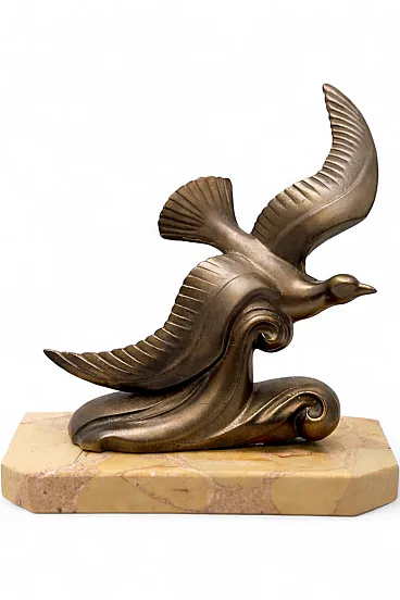 Art Deco Sculpture Bird in FlightMetal and Brecciated Marble, 50s