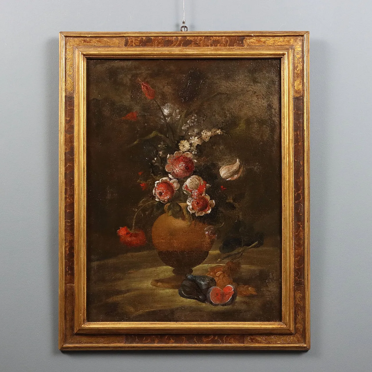 Still life with flowers and fruit, oil on canvas, 18th century 1