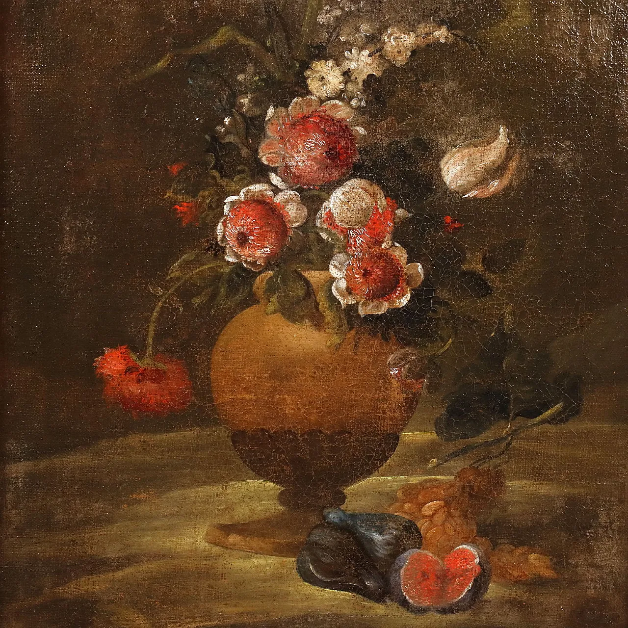 Still life with flowers and fruit, oil on canvas, 18th century 3