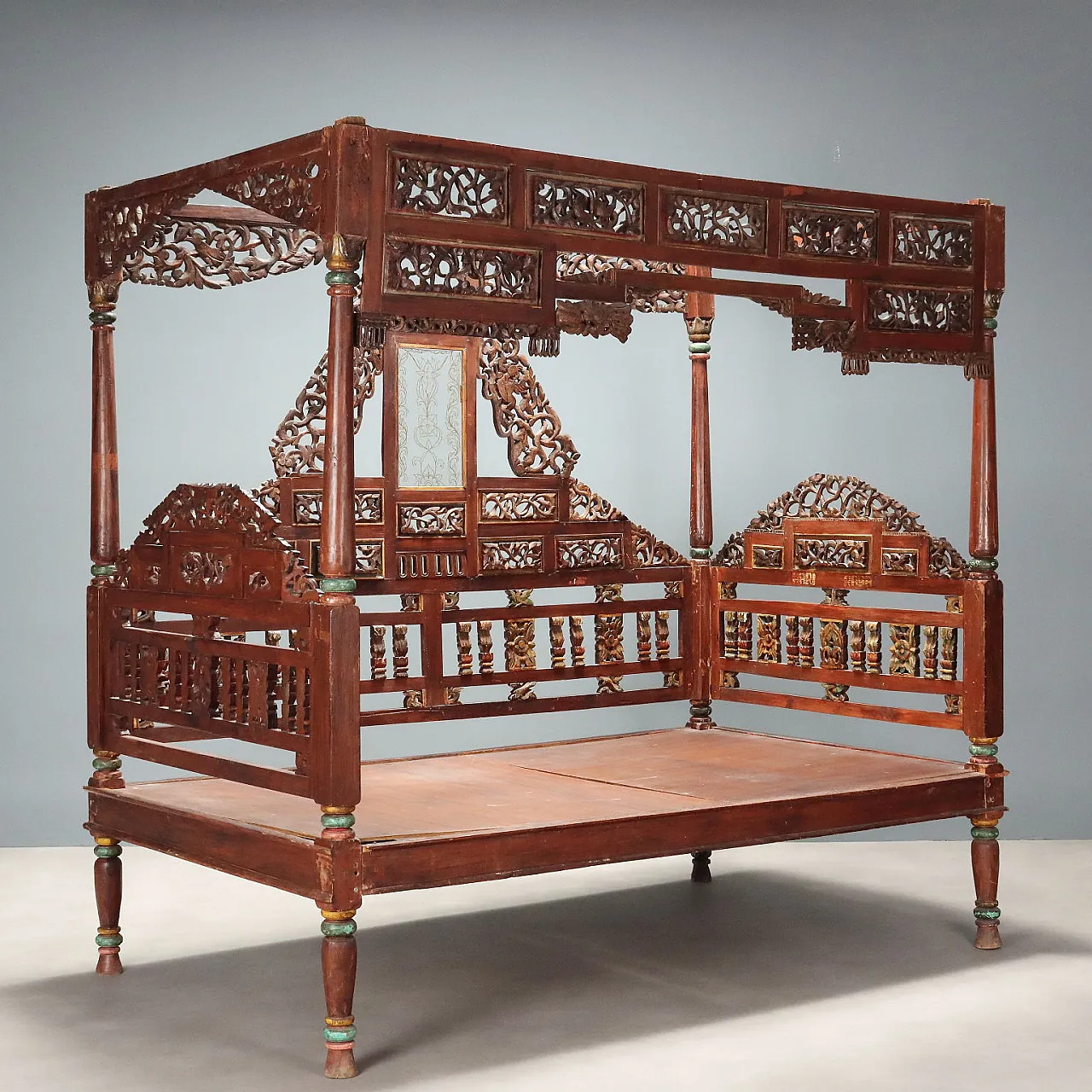 Letto a baldacchino in legno esotico, inizio '900 1