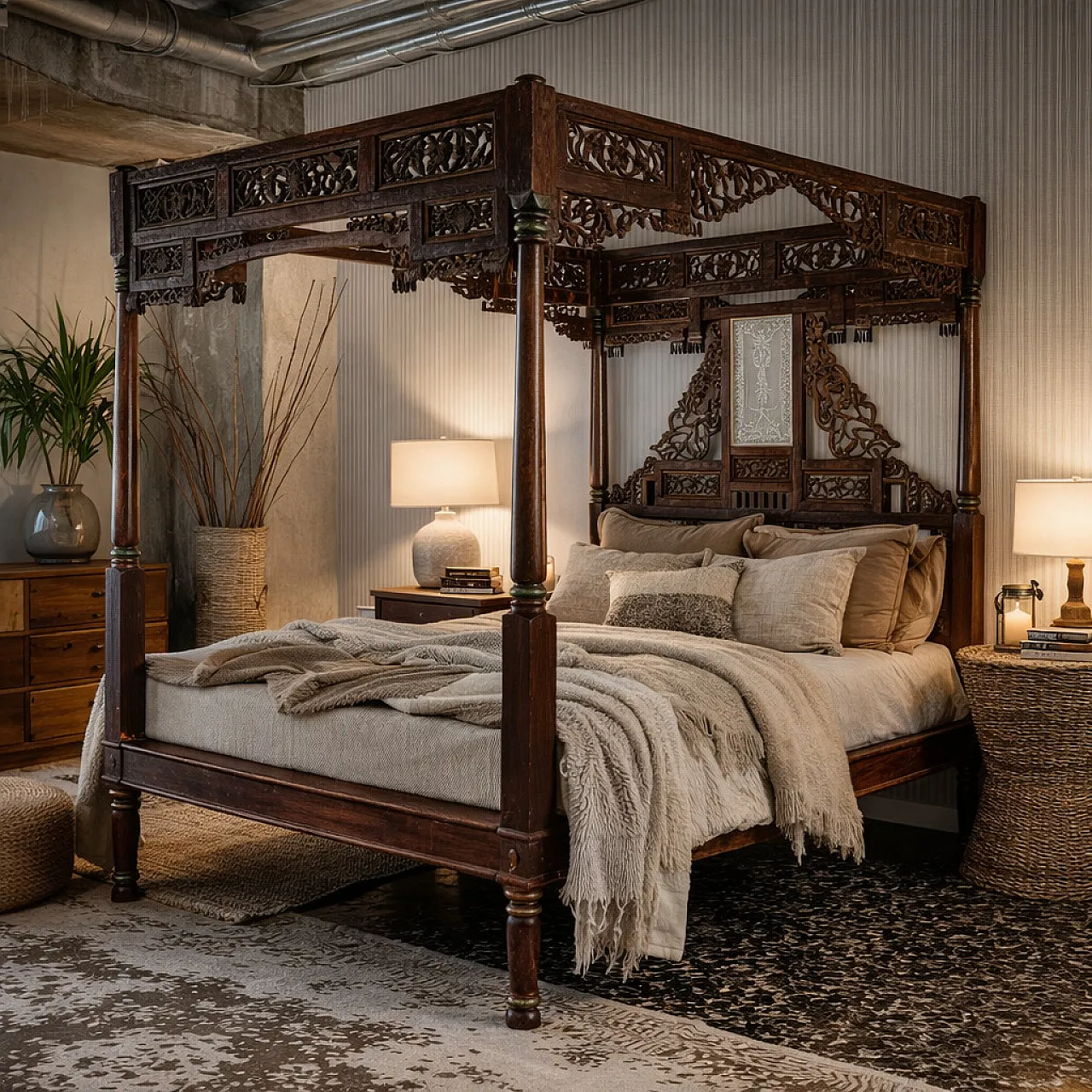 Letto a baldacchino in legno esotico, inizio '900 2