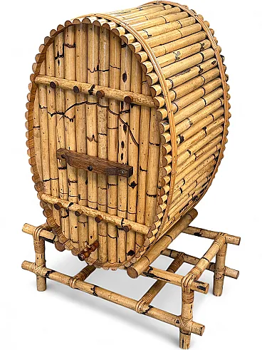 Barrel-shaped bar cabinet in bamboo, rattan and wood, Italy, 1960s