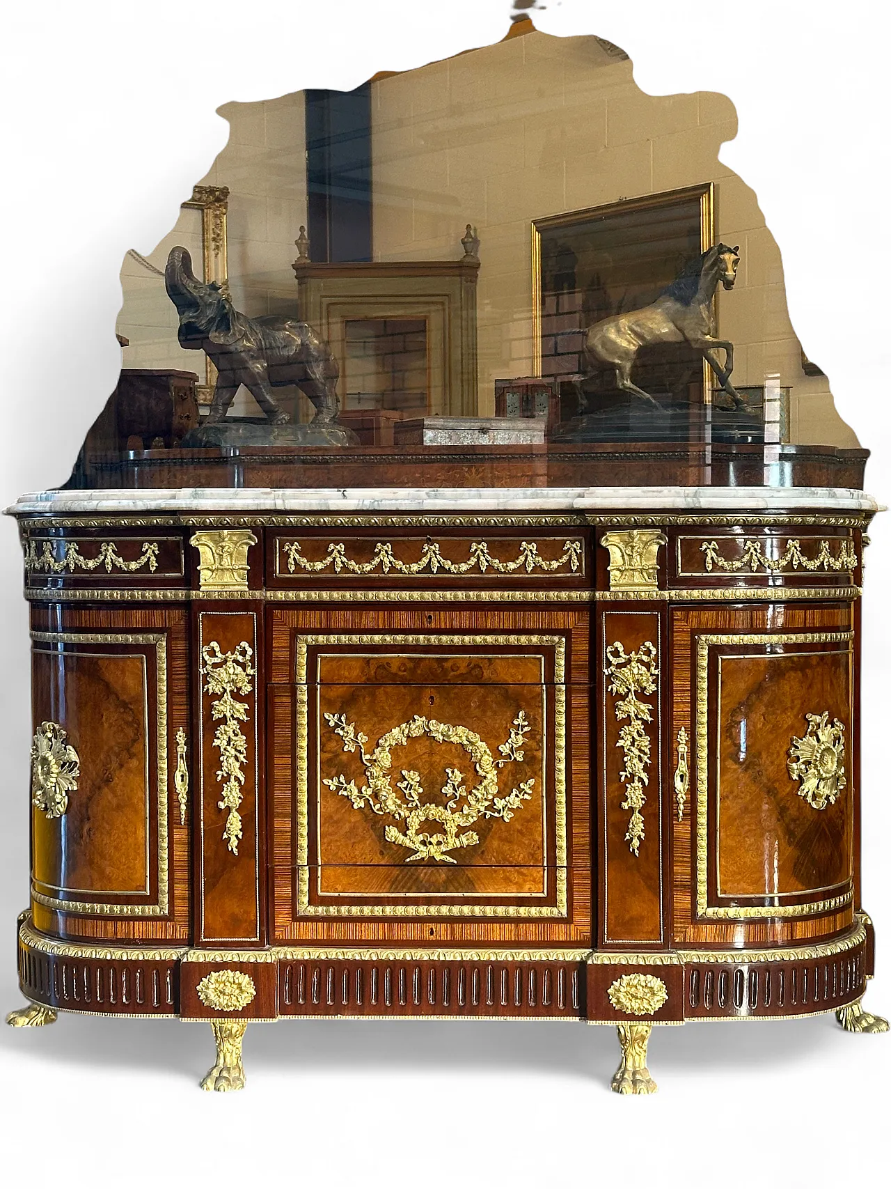 Commode de Château in walnut root, zebrano and marble, Paris, early 1900s 17