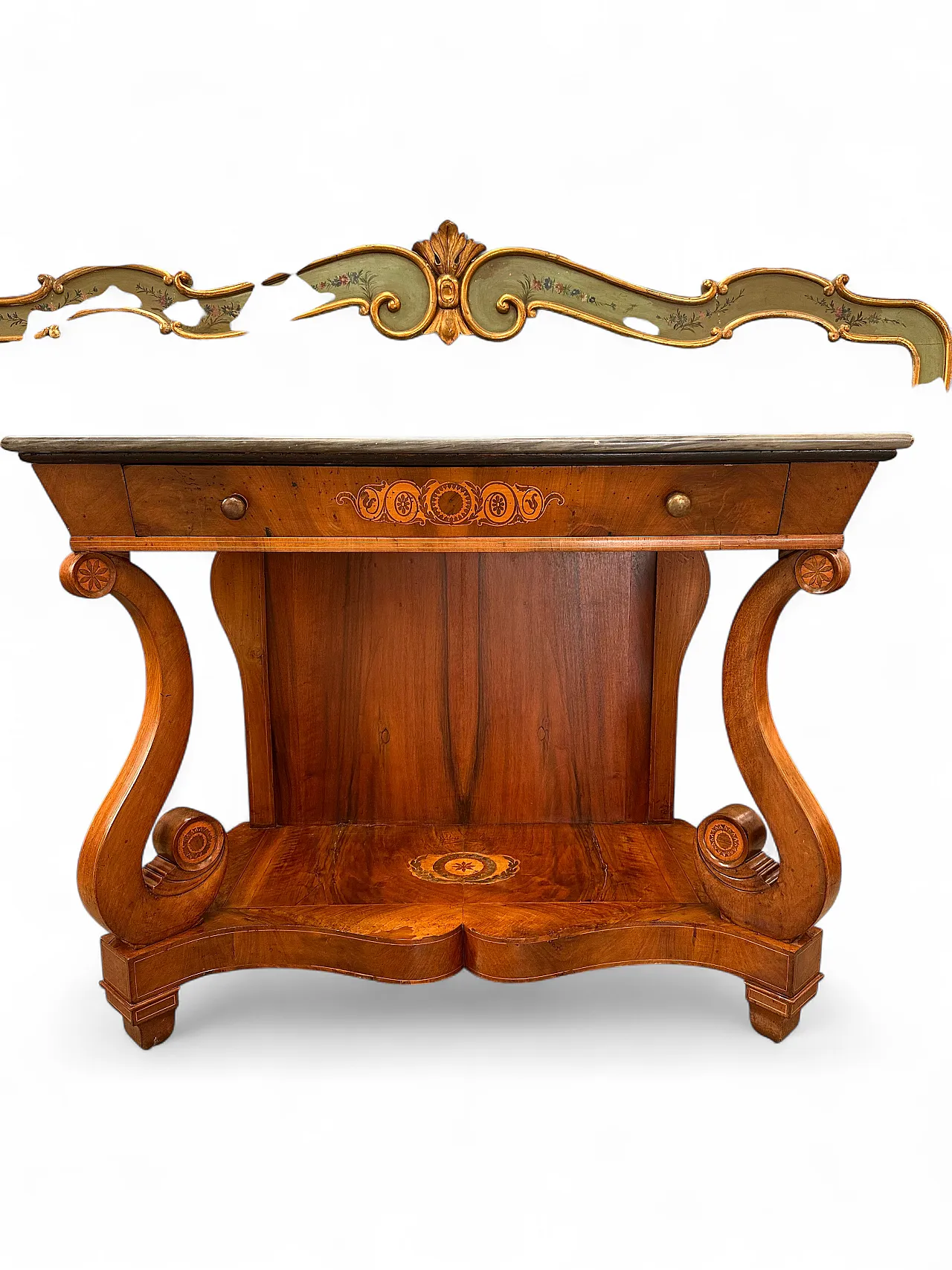 Carlo X console walnut, maple bronze inlays, Piedmont, early 19th c. 16