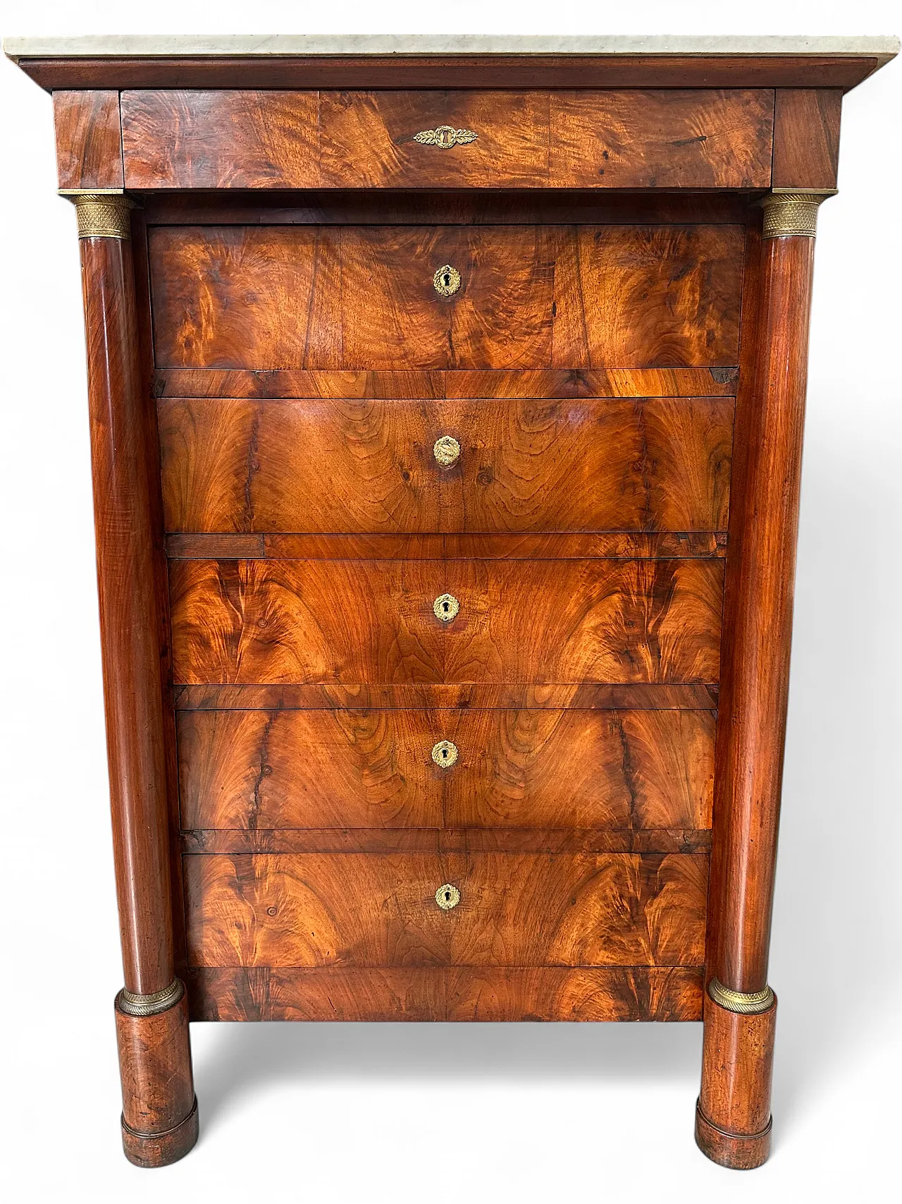 Empire secretaire in walnut feather with columns and bronzes, early 19th century 10