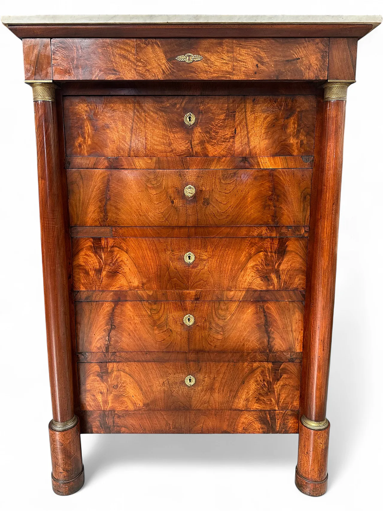 Empire secretaire in walnut feather with columns and bronzes, early 19th century 11