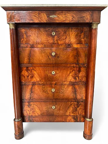 Empire secretaire in walnut feather with columns and bronzes, early 19th century