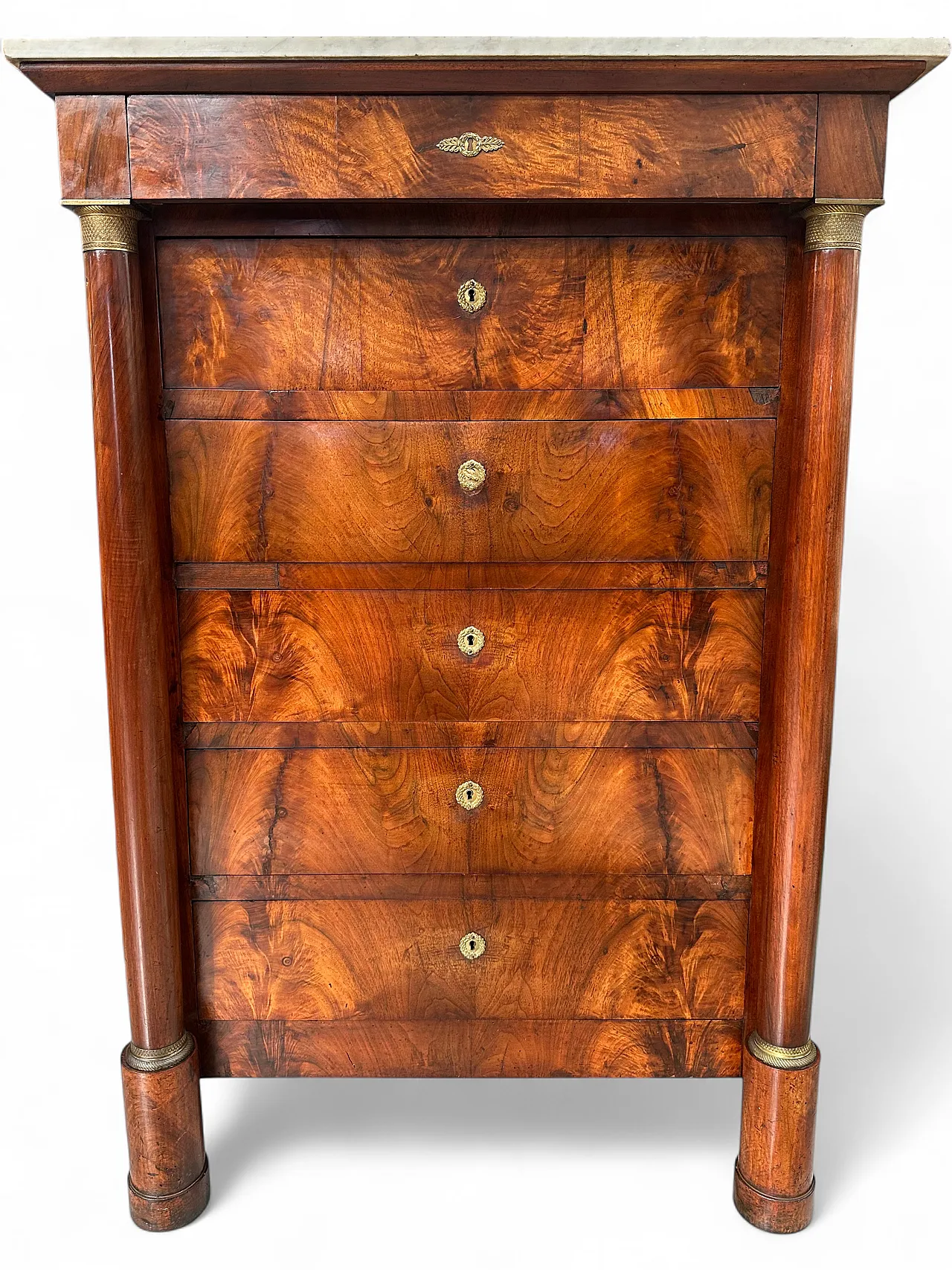 Empire secretaire in walnut feather with columns and bronzes, early 19th century 12