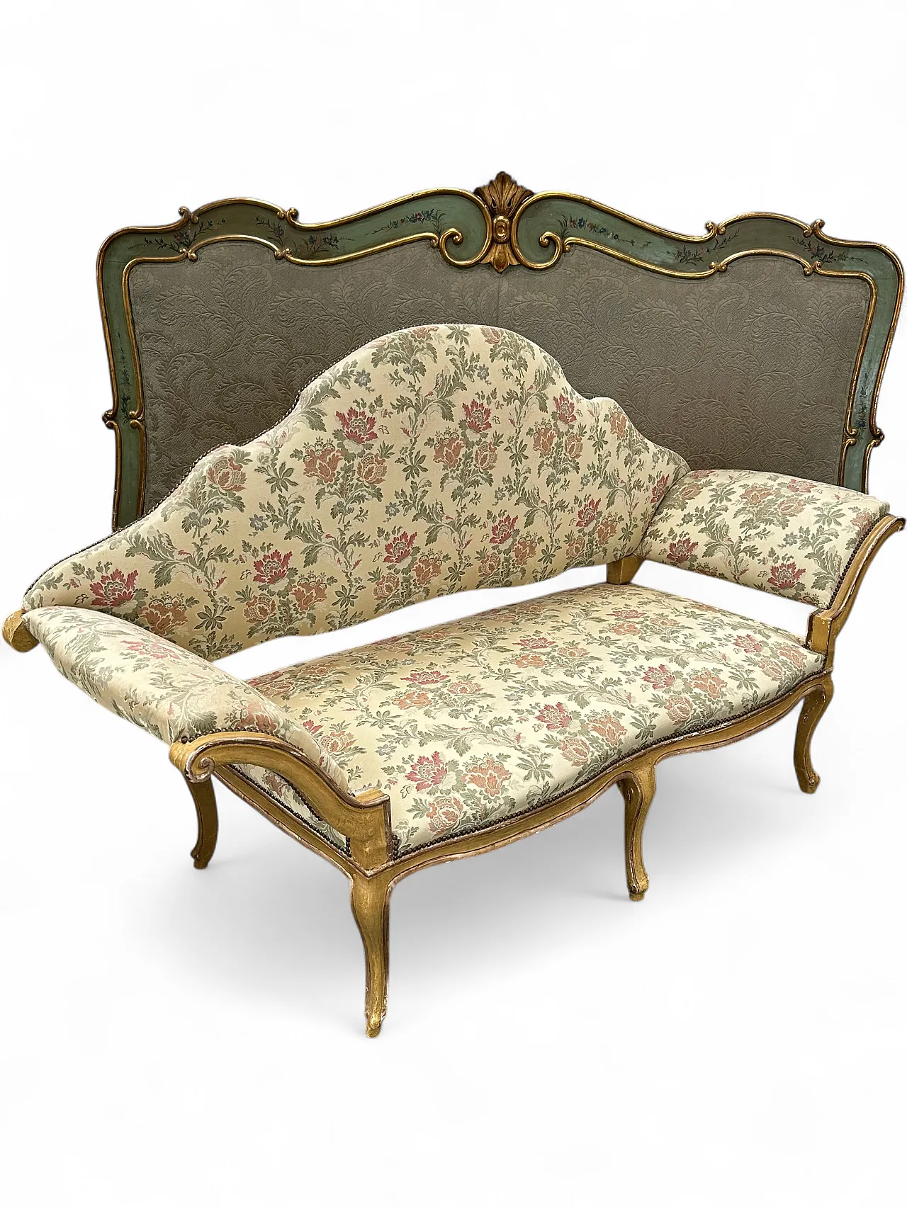 Louis XV sofa lacquered with silver profiles, fabric, Turin, mid-18th century 12