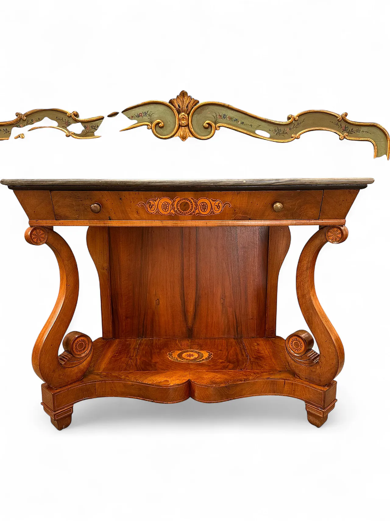 Carlo X console walnut, maple bronze inlays, Piedmont, early 19th c. 19