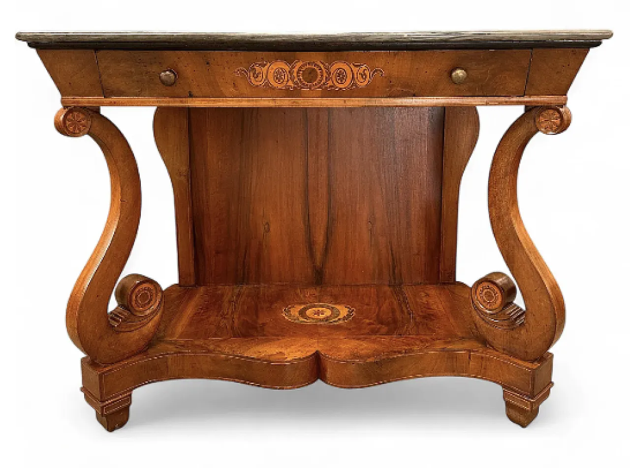 Carlo X console walnut, maple bronze inlays, Piedmont, early 19th c. 20