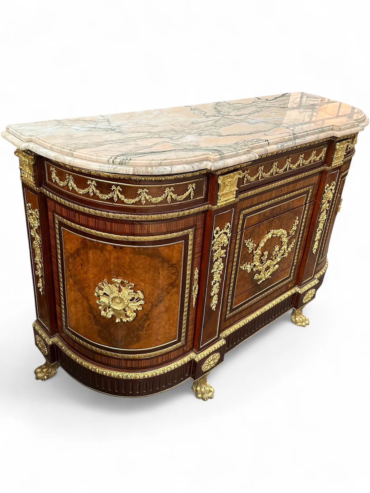 Commode de Château in walnut root, zebrano and marble, Paris, early 1900s 19