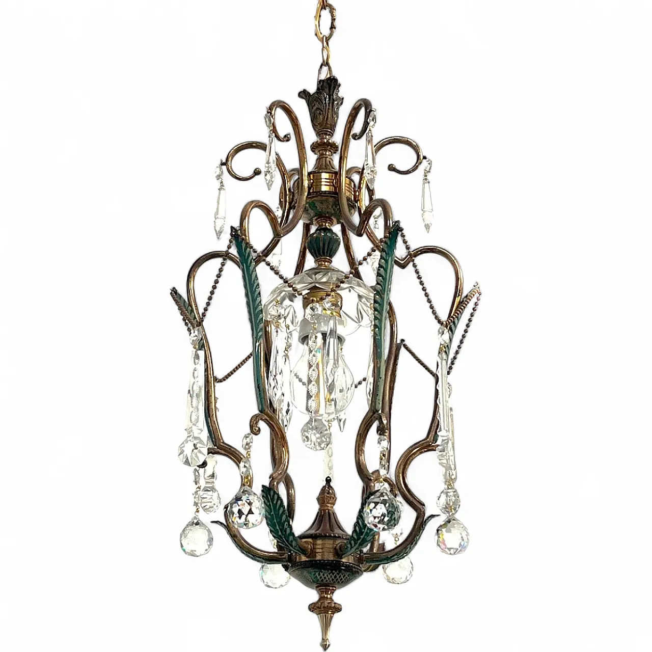 Brass and green pendant lamp with cut crystal drops, Italy, 1950s 17