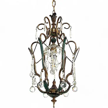 Brass and green pendant lamp with cut crystal drops, Italy, 1950s