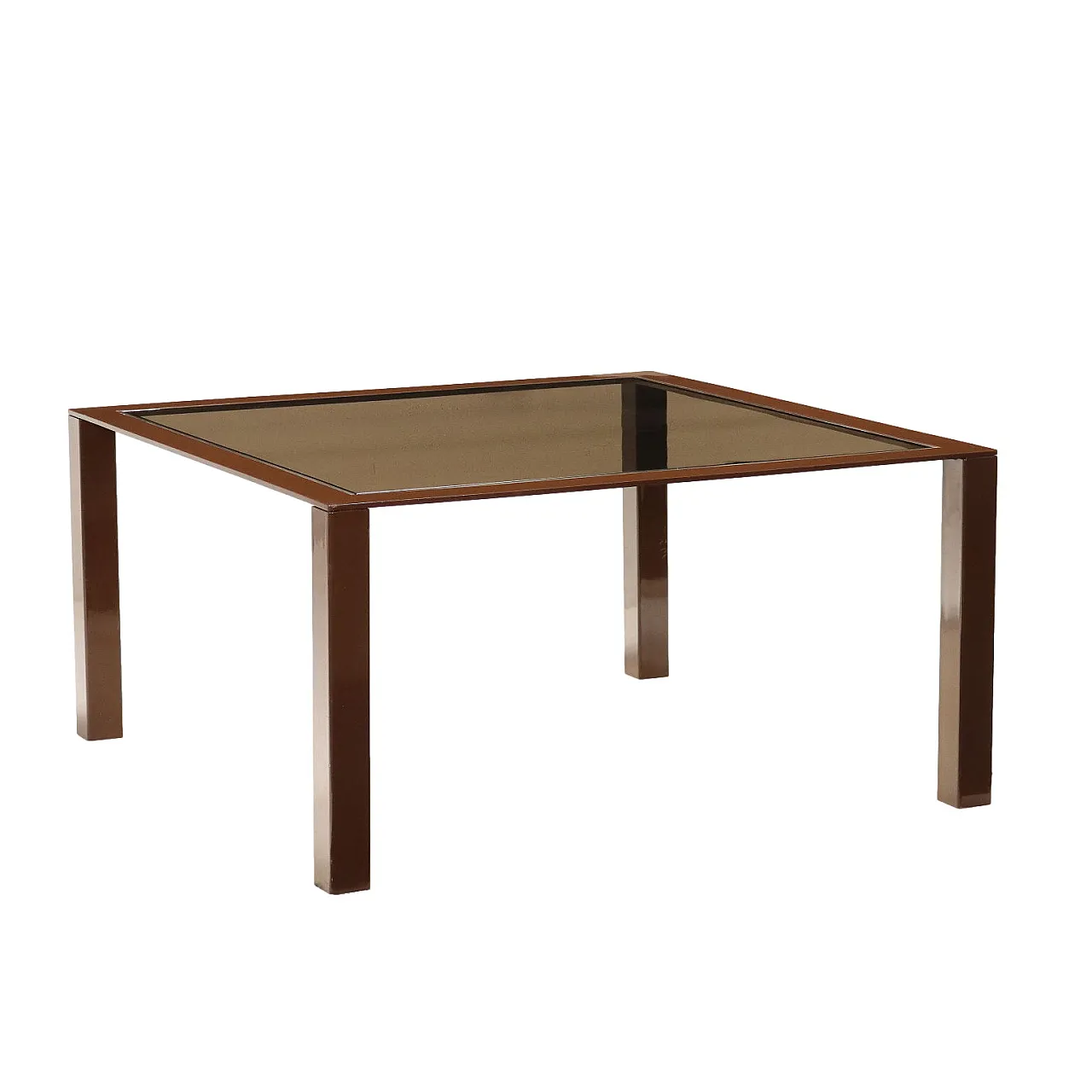 Square enameled metal and smoked glass table, 1980s 1
